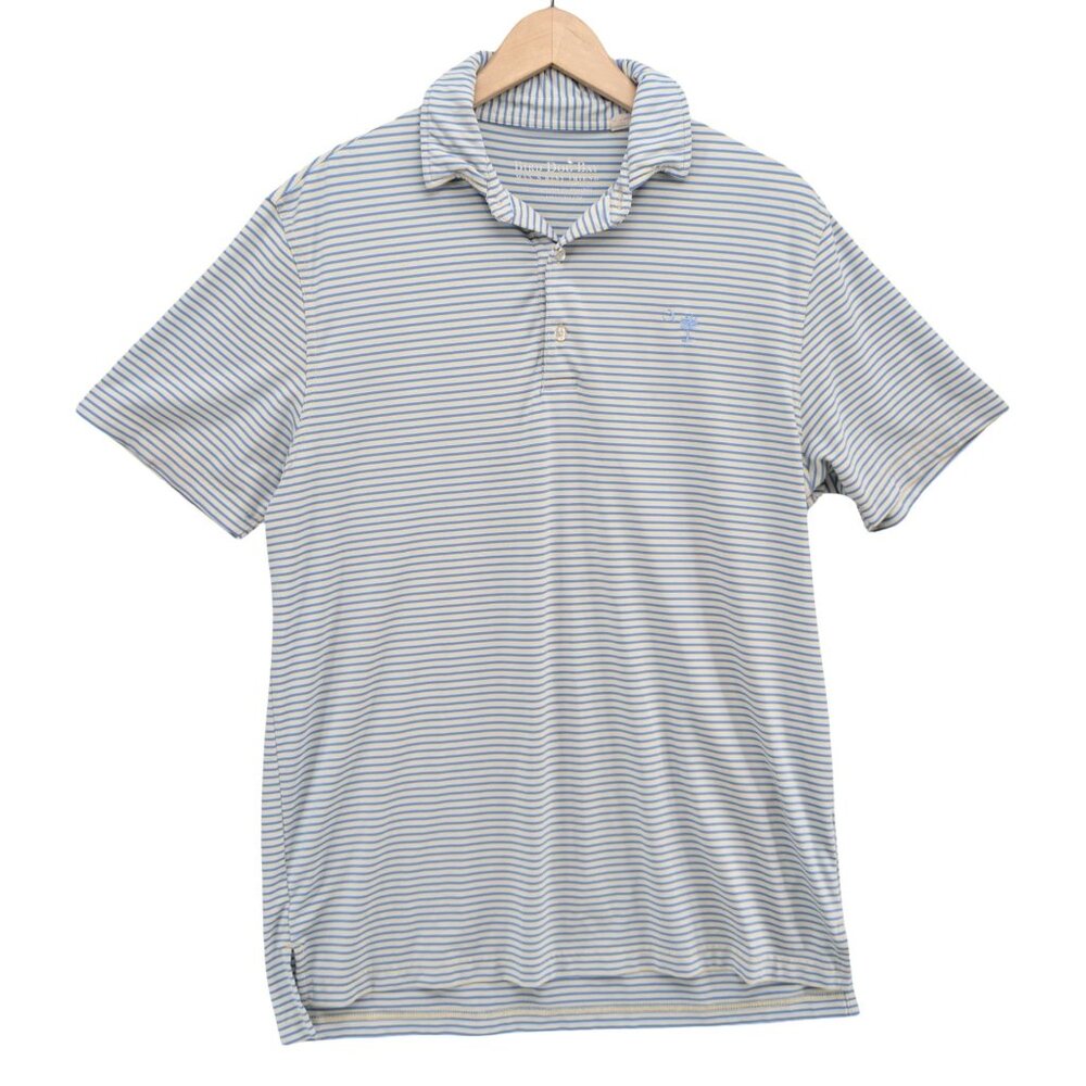 Bird Dog Bay Polo Golf Shirt Mens Blue Yellow Striped Palmetto Embroidered Sz S